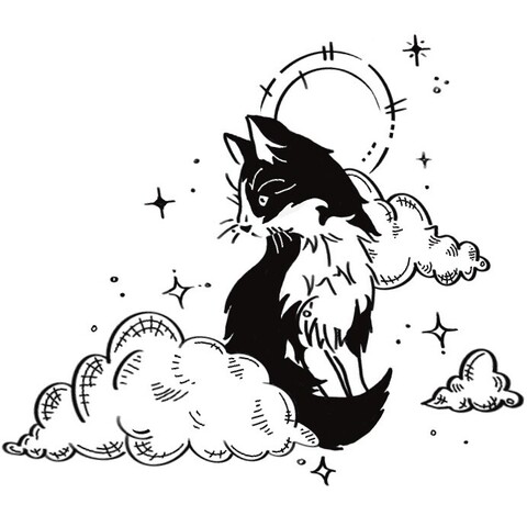 Etching style tattoo of a tuxedo cat surrounded by clouds and stars. This one has a bit more white on the face than the previous version
