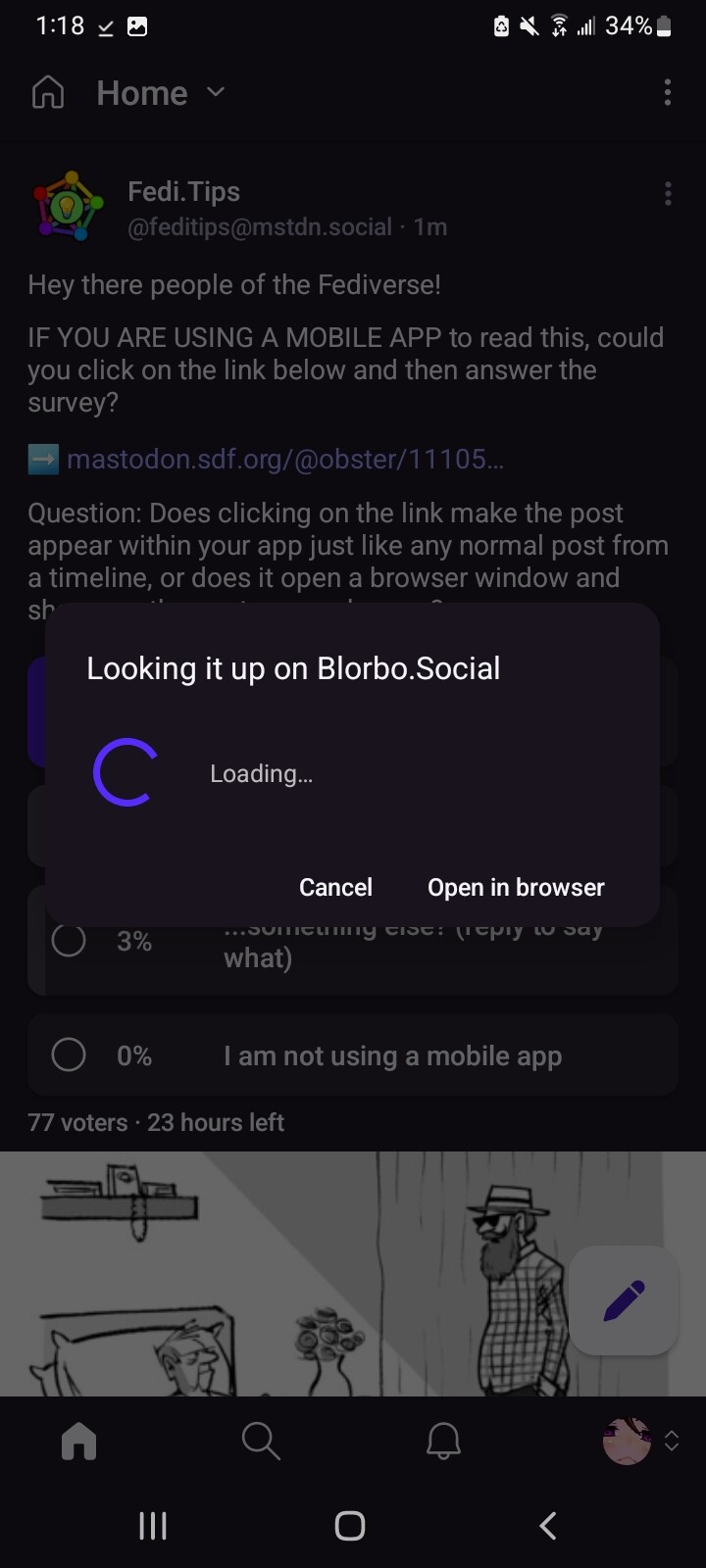 A pop up saying, "Looking it up on Blorbo.Social", with the options to either cancel or open in browser.