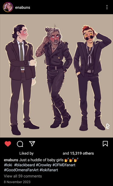 Instagram post with cartoon-style art of Loki, Blackbeard/Ed and Crowley, all blushing and looking flustered. The artist's caption reads: Just a huddle of baby girls (3 painted nails emojis).