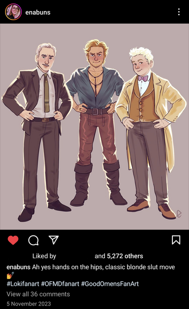 Instagram post with cartoon-style art of Mobius, Stede and Aziraphale standing with their hands on their hips and looking confident/assertive. The artist's caption reads: Ah yes hands on the hips, classic blonde slut move (painted nails emoji).