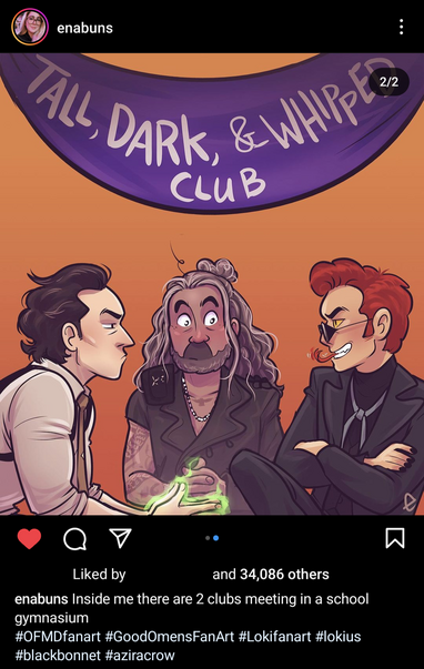 Instagram post with two pictures. 2nd: Loki, Blackbeard/Ed and Crowley sitting together. Loki is looking at Crowley with his eyes narrowed and glowing green energy surrounding his hands. Crowley is looking back at him with his arms crossed, looking unimpressed and sticking out his snake tongue. Ed sits in the middle, looking a little worried, his eyes wide. A banner above them reads 'Tall, Dark and Whipped Club'.