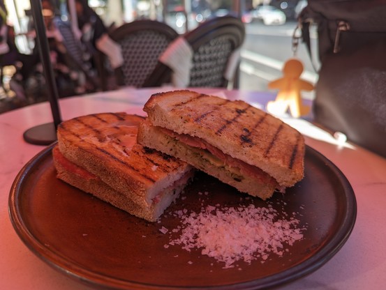 toasted sandwich plated with a generous pile of salt flakes