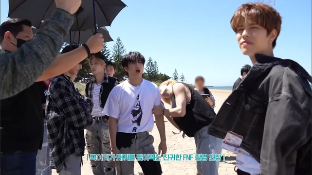 Behind-the-scenes shot from the making of video for Stray Kids "FBF". Left to right: I.N, Han, Bang Chan, Changbin, Felix, Seungmin 