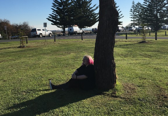 A person sitting under the same tree but without a bike