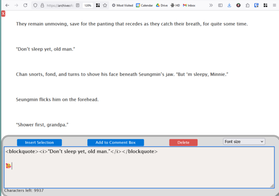 a web page open to a fic with the AO3 Floating Comment Box script running on it