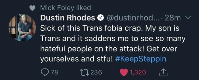 screenshot of wrestlers's posts on twitter: Mick Foley liked a post by Dustin Rhodes: Sick of this Trans fobia crap.  My son is Trans and it saddens me to see so many hateful people on the attack!  Get over yourselves and stfu! #KeepSteppin