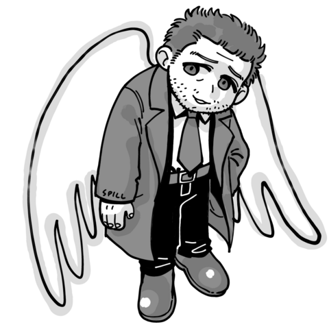 Supernatural fan art. A chibi sketch of Castiel with one hand on his pocket and his wings on display.