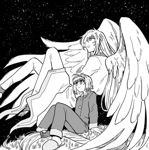 Card Captor Sakura fan art. A drawing of Sakura, a young girl with short hair wearing a pijama set with star-shaped buttons and slippers, and Yue, a being with very long hair and a pair of large feathery wings, wearing white robes. Sakura sits on a grassy hill, leaning slightly back with her hands on the ground, smiling at the sky. Behind her, Yue floats near the ground, arms crossed, wings spread. He looks in the same direction as Sakura, presumably towards the moon. The night sky is full of stars.